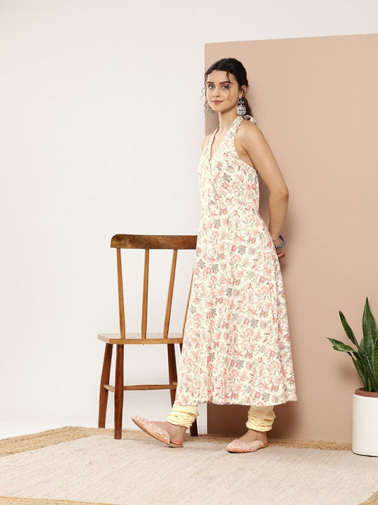 Ahalyaa Women Pink Floral Printed Empire Gotta Patti Kurta with Churidar | Swadesiicart