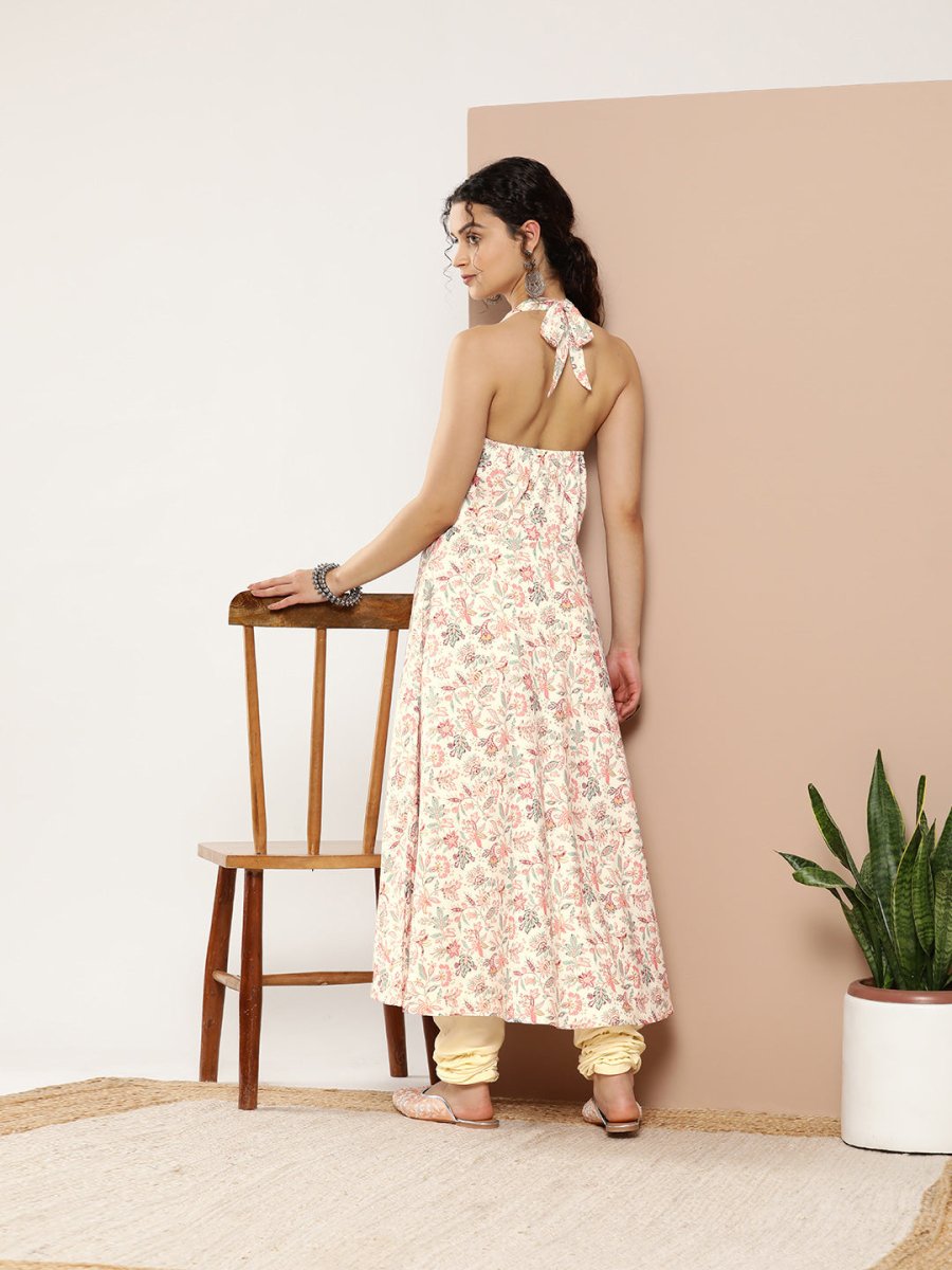 Ahalyaa Women Pink Floral Printed Empire Gotta Patti Kurta with Churidar | Swadesiicart