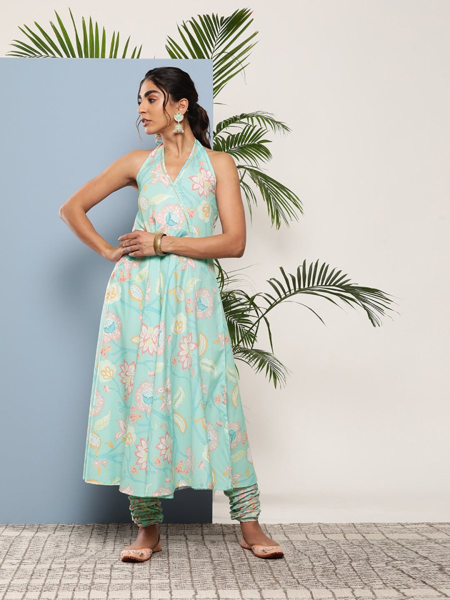 Ahalyaa Women Blue Floral Printed Gotta Patti Kurta with Churidar | Swadesiicart