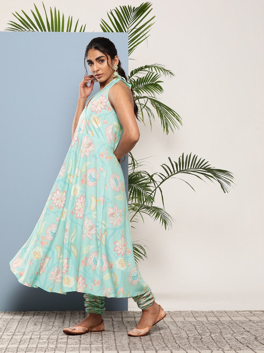 Ahalyaa Women Blue Floral Printed Gotta Patti Kurta with Churidar | Swadesiicart
