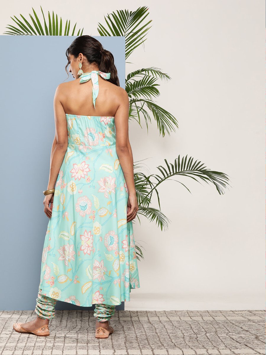 Ahalyaa Women Blue Floral Printed Gotta Patti Kurta with Churidar | Swadesiicart