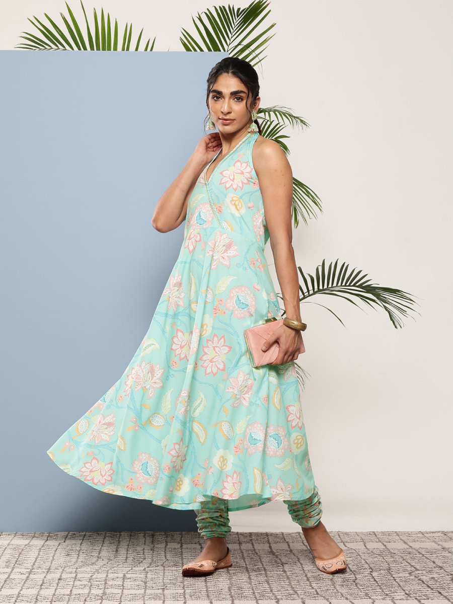 Ahalyaa Women Blue Floral Printed Gotta Patti Kurta with Churidar | Swadesiicart
