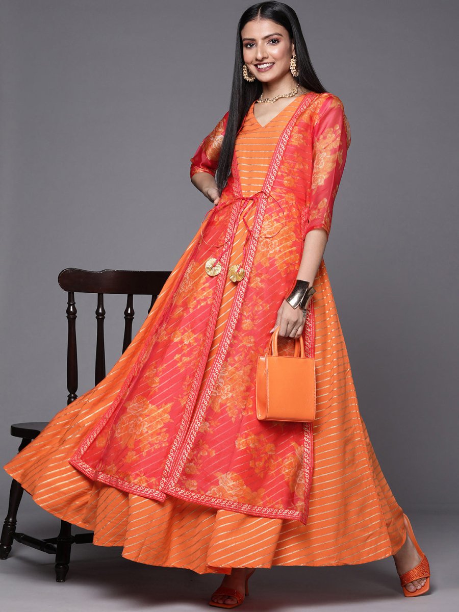Ahalyaa Orange Striped Ethnic Maxi Dress | Swadesiicart