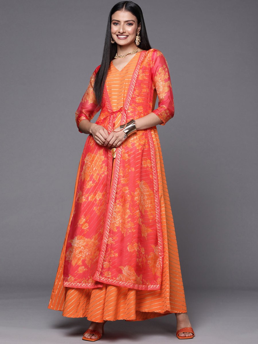 Ahalyaa Orange Striped Ethnic Maxi Dress | Swadesiicart