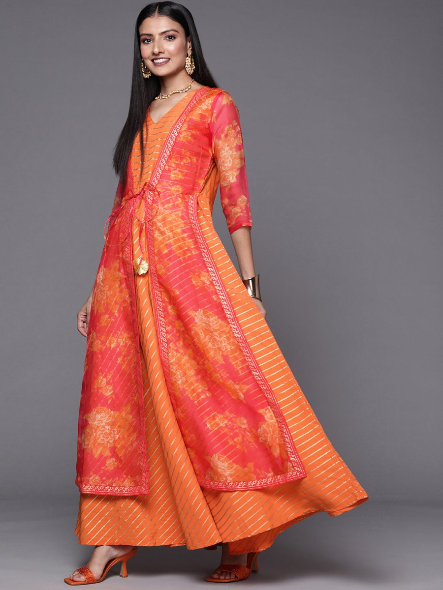 Ahalyaa Orange Striped Ethnic Maxi Dress | Swadesiicart