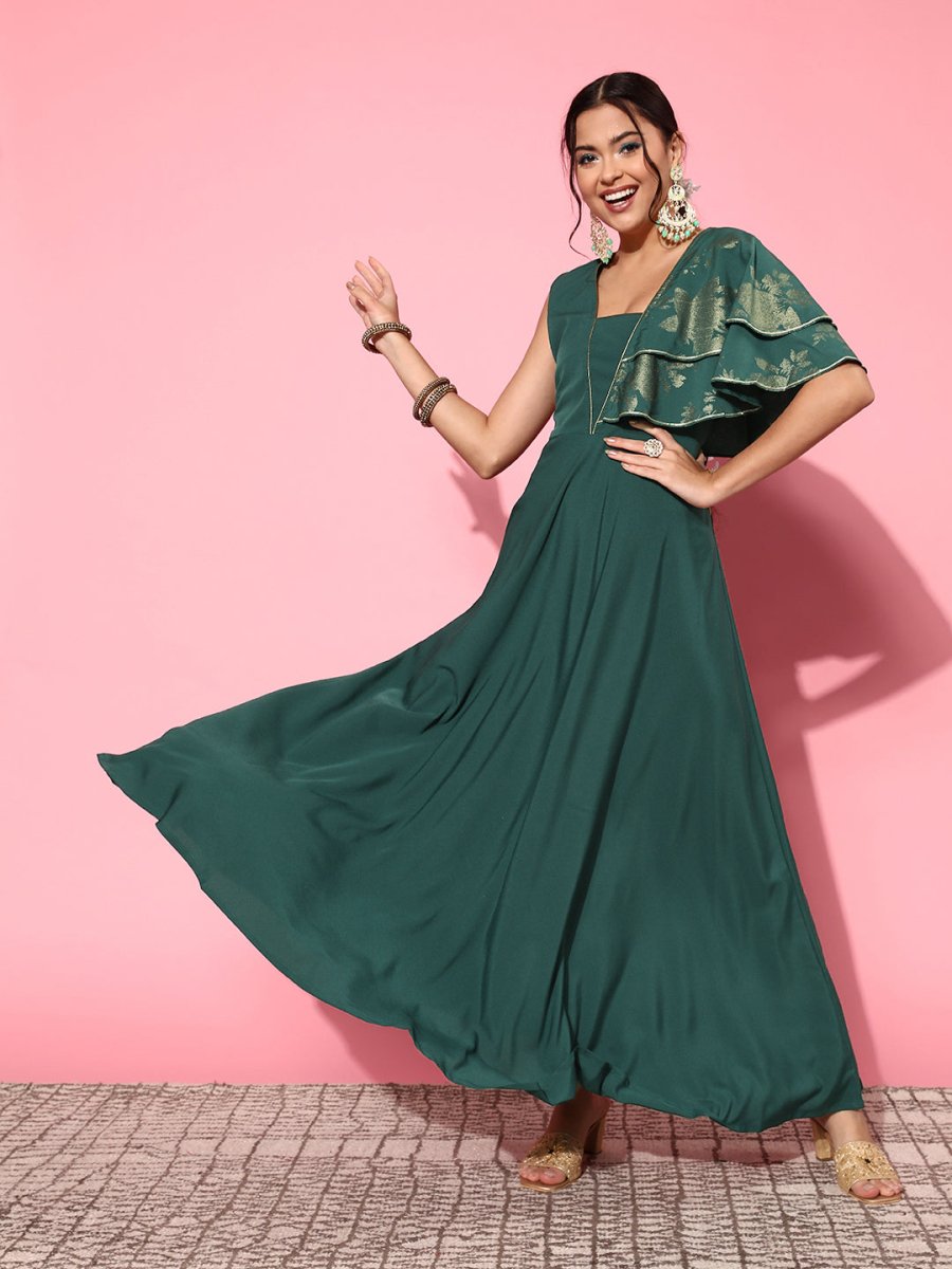 Ahalyaa Gorgeous Green Ethnic Motifs Ruffled Dress | Swadesiicart