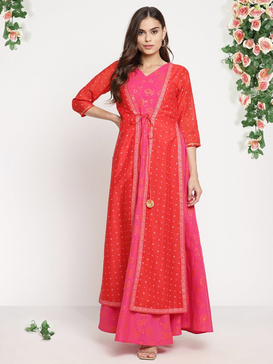 Ahalyaa Women Dark Pink Crepe Khari Print Dress | Swadesiicart