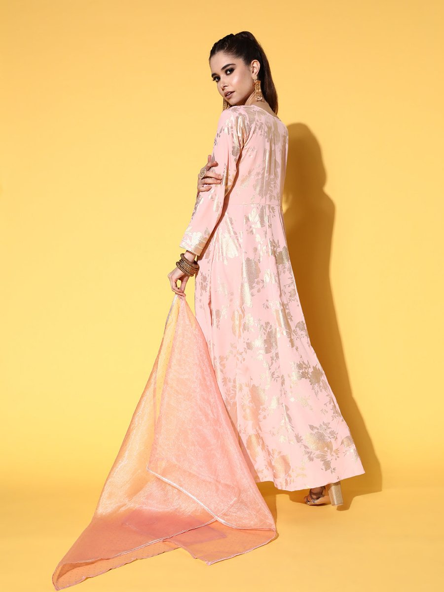 Ahalyaa Pink Empire Gotta Patti Ethnic Dress With Dupatta | Swadesiicart