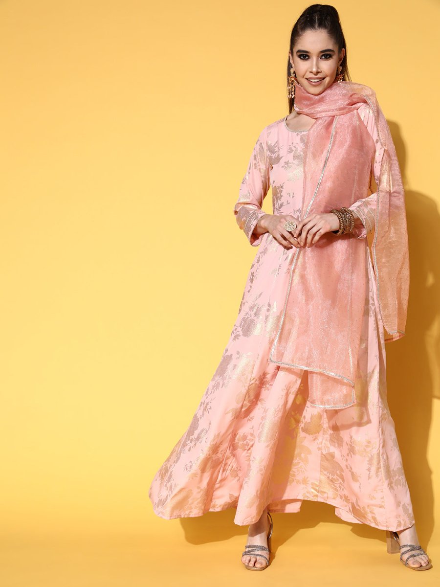 Ahalyaa Pink Empire Gotta Patti Ethnic Dress With Dupatta | Swadesiicart
