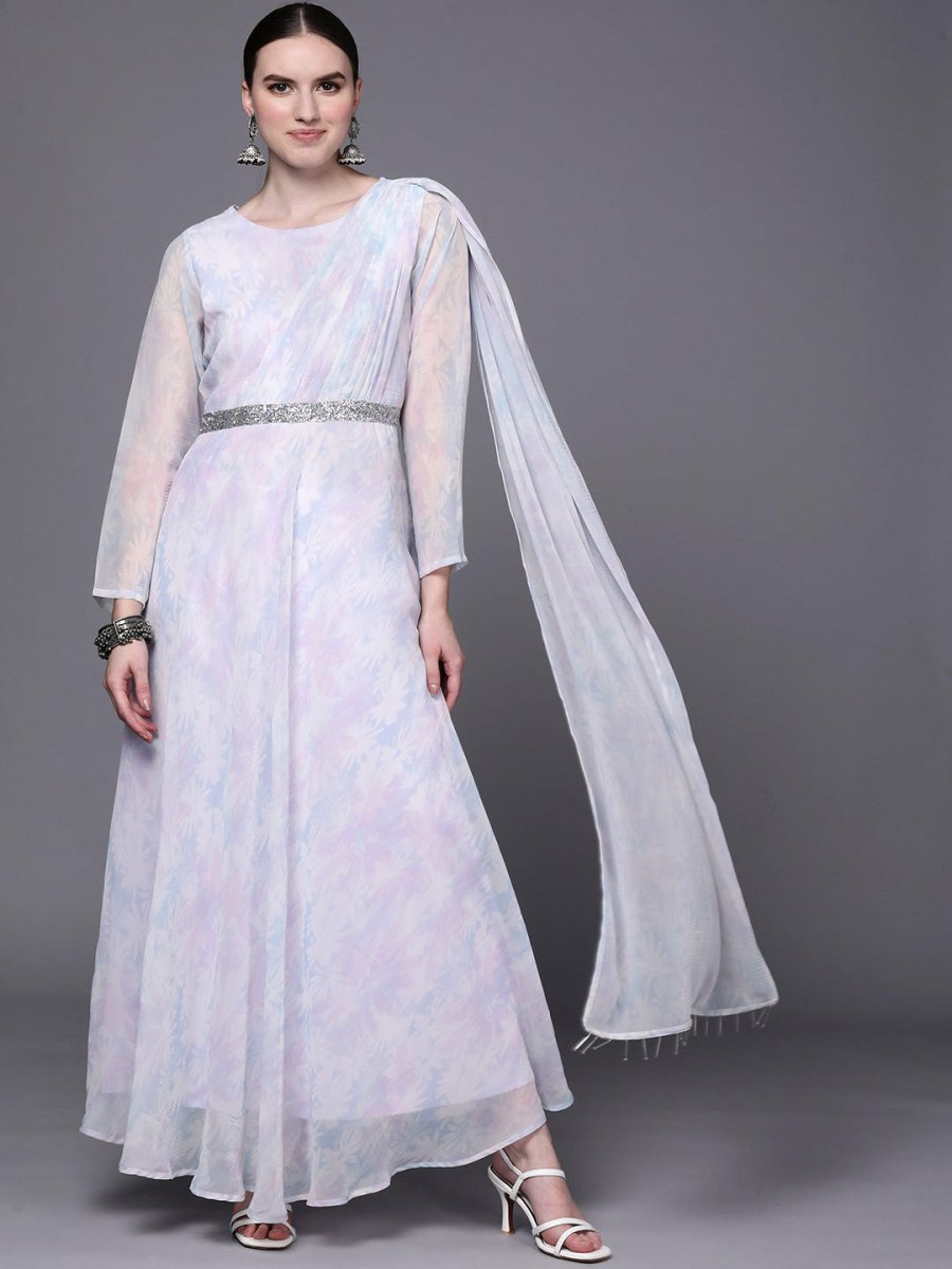 Ahalyaa Women Blue & White Floral Fit & Flare Maxi Ethnic Dress | Swadesiicart