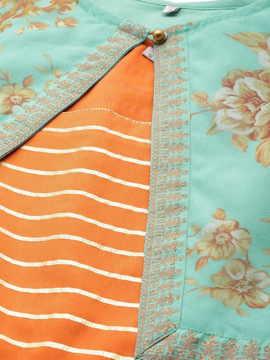 Ahalyaa Orange & Sea Green Striped Maxi Dress with Ethnic Jacket | Swadesiicart
