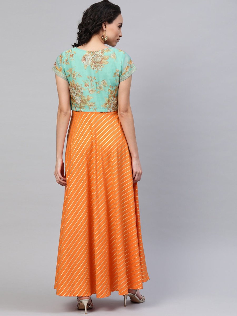 Ahalyaa Orange & Sea Green Striped Maxi Dress with Ethnic Jacket | Swadesiicart