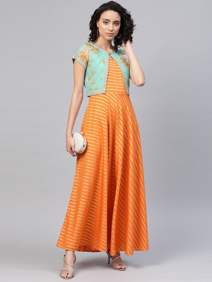 Ahalyaa Orange & Sea Green Striped Maxi Dress with Ethnic Jacket | Swadesiicart