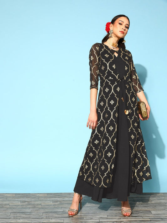 Ahalyaa Women Chic Black Solid Top to Toe Fusion Dress | Swadesiicart