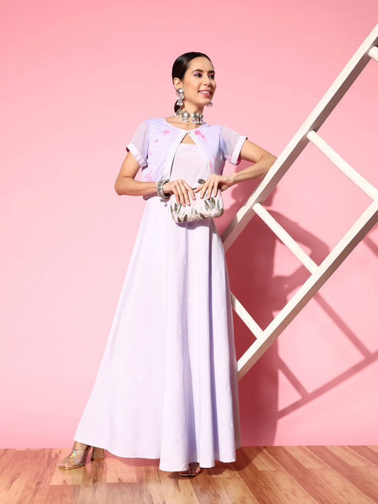 Ahalyaa Floral Ethnic Maxi Dress with Jacket | Swadesiicart