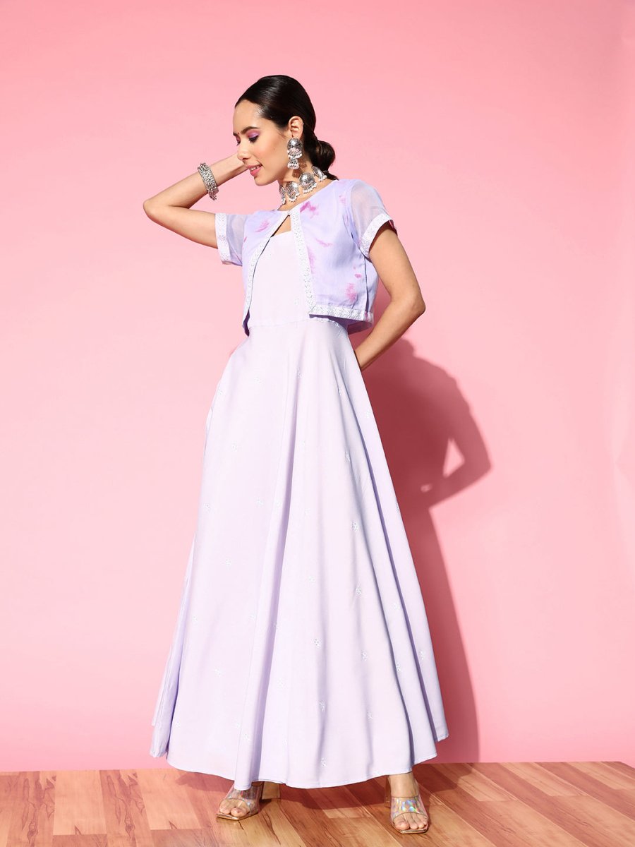 Ahalyaa Floral Ethnic Maxi Dress with Jacket | Swadesiicart
