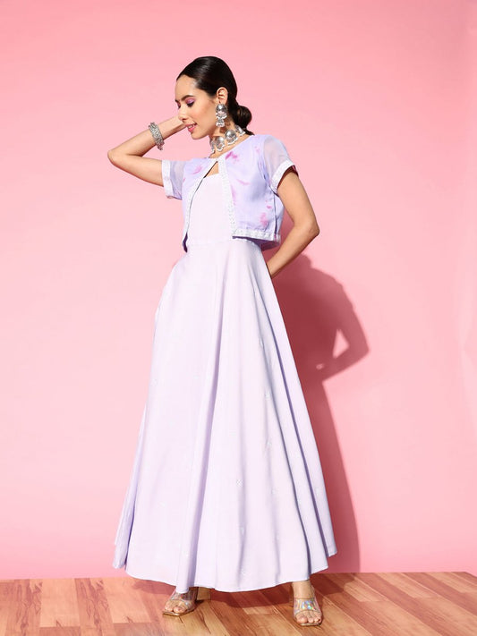Ahalyaa Floral Ethnic Maxi Dress with Jacket | Swadesiicart