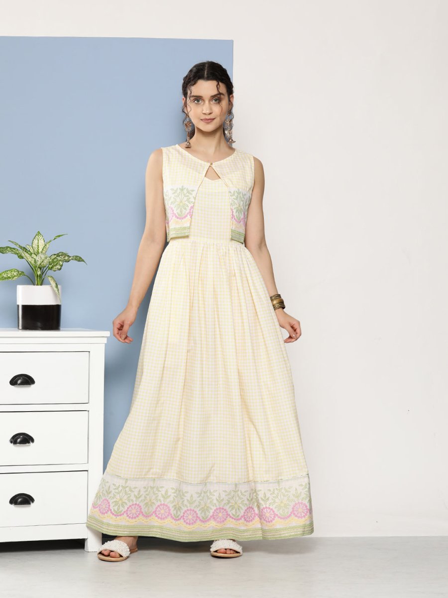 Ahalyaa Women Checked Maxi Ethnic Dress | Swadesiicart