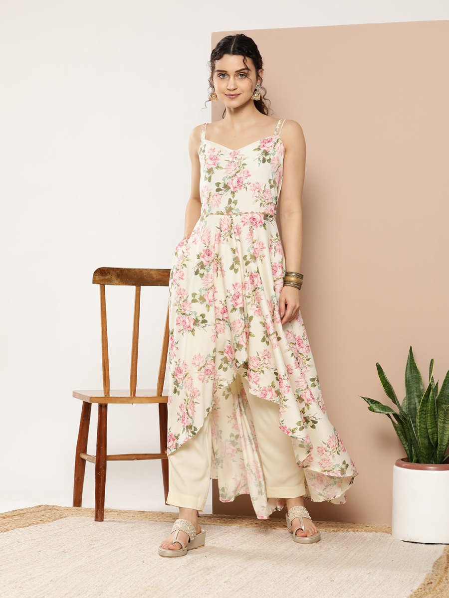 Ahalyaa Women Floral Printed Empire Gotta Patti Kurta With Trousers | Swadesiicart