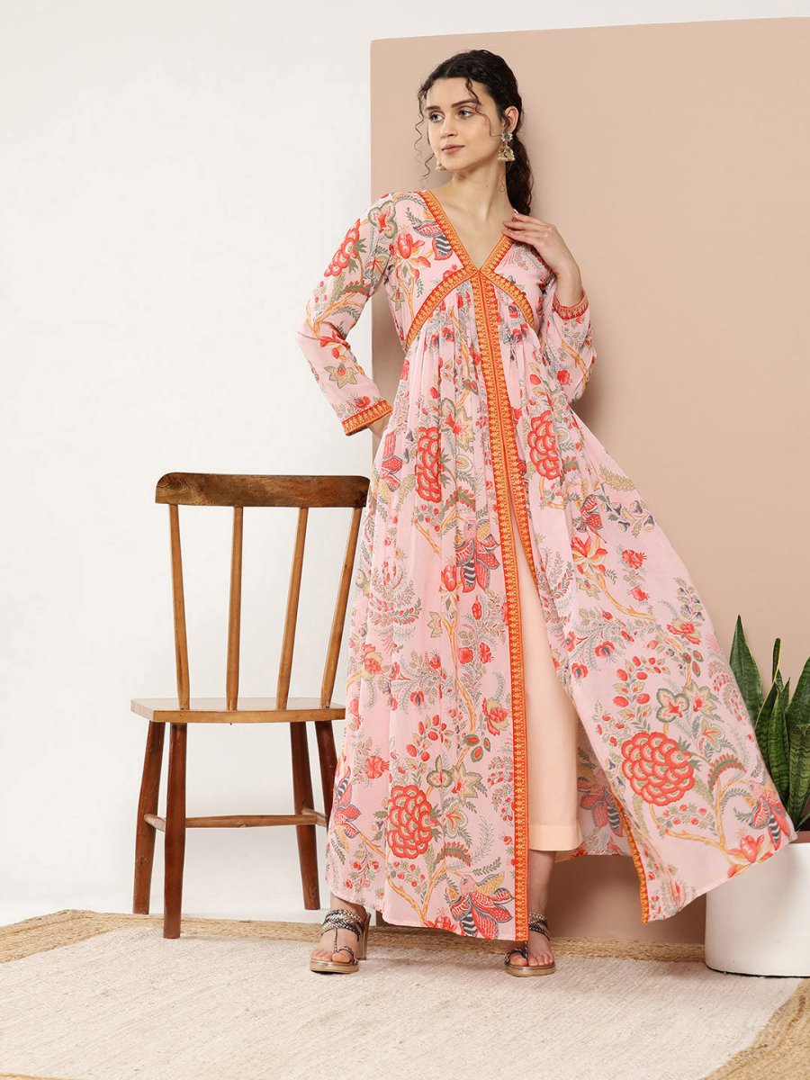 Ahalyaa Women Pink Floral Printed High Slit Kurta with Trousers | Swadesiicart