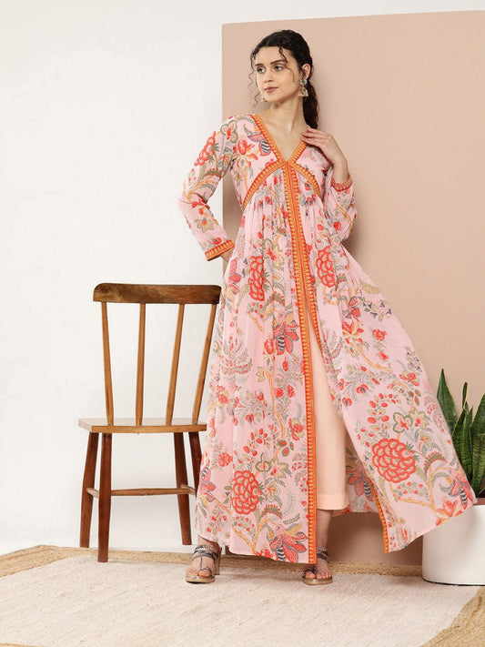 Ahalyaa Women Pink Floral Printed High Slit Kurta with Trousers | Swadesiicart