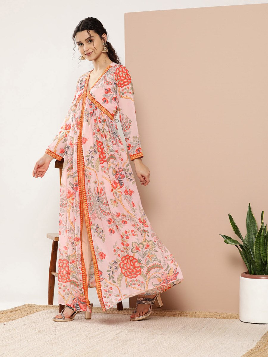 Ahalyaa Women Pink Floral Printed High Slit Kurta with Trousers | Swadesiicart
