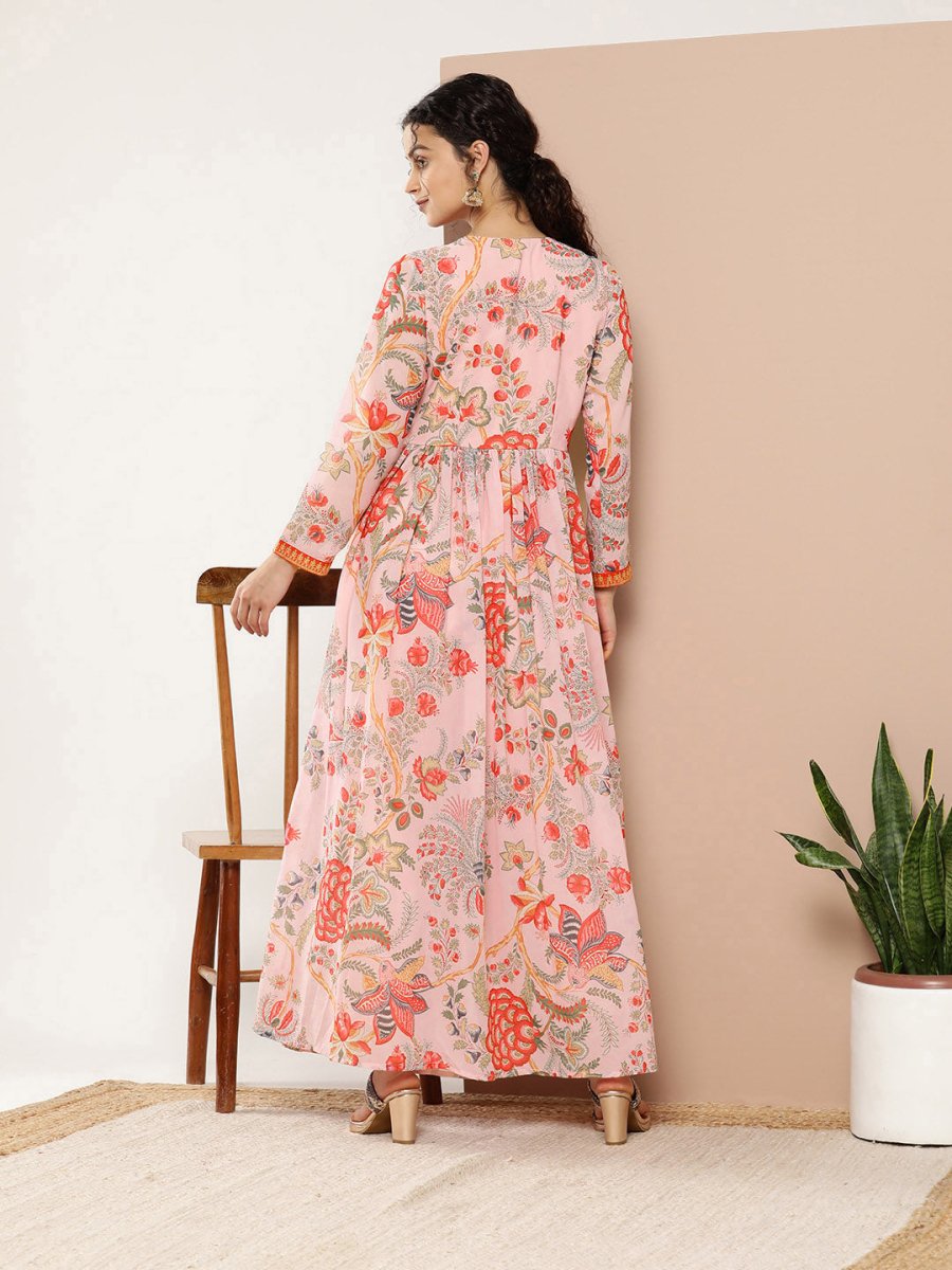 Ahalyaa Women Pink Floral Printed High Slit Kurta with Trousers | Swadesiicart