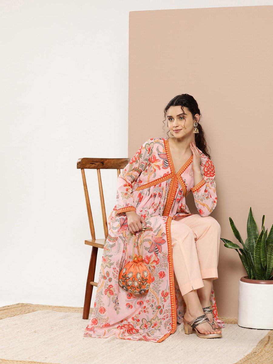 Ahalyaa Women Pink Floral Printed High Slit Kurta with Trousers | Swadesiicart