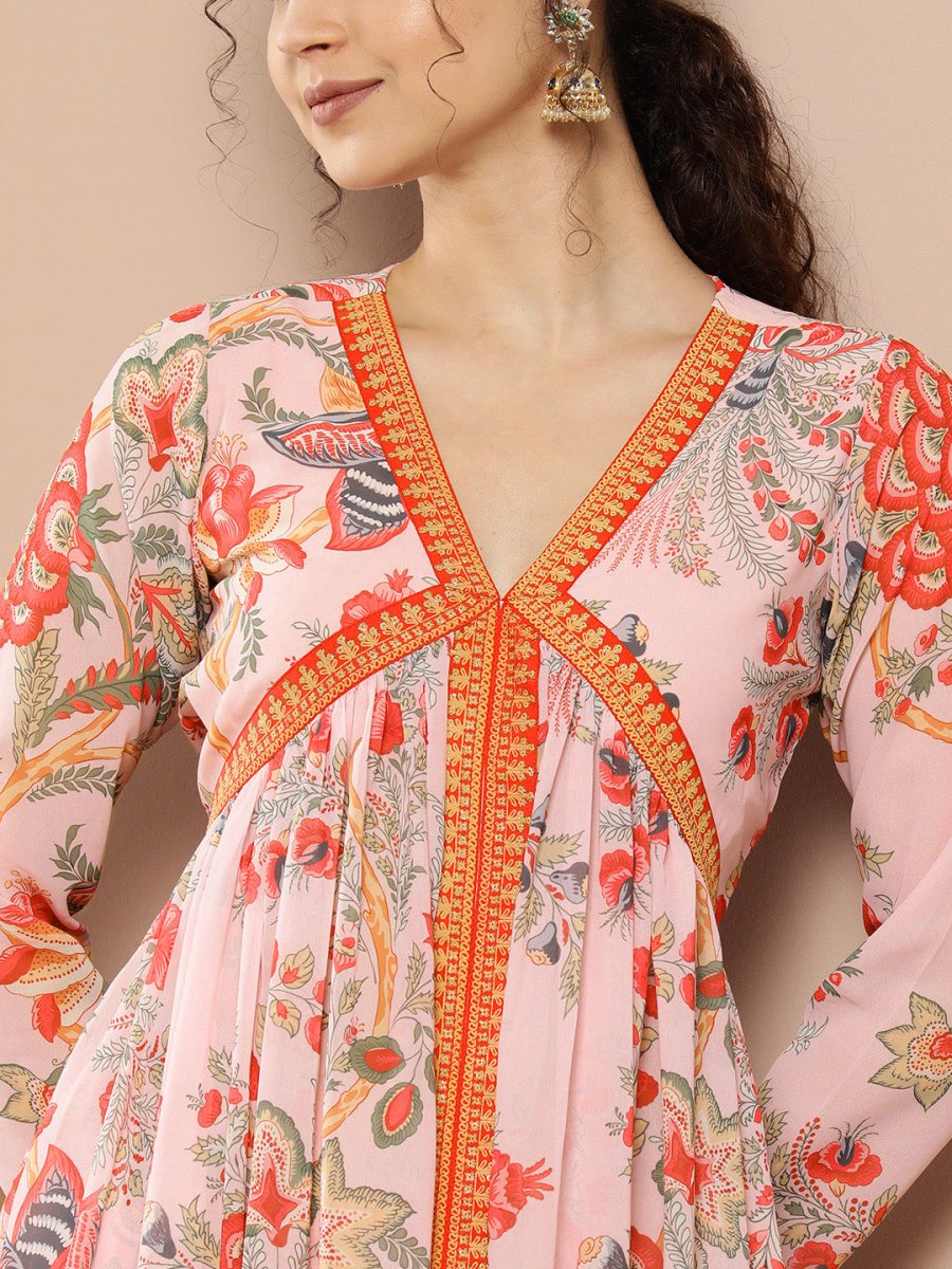 Ahalyaa Women Pink Floral Printed High Slit Kurta with Trousers | Swadesiicart