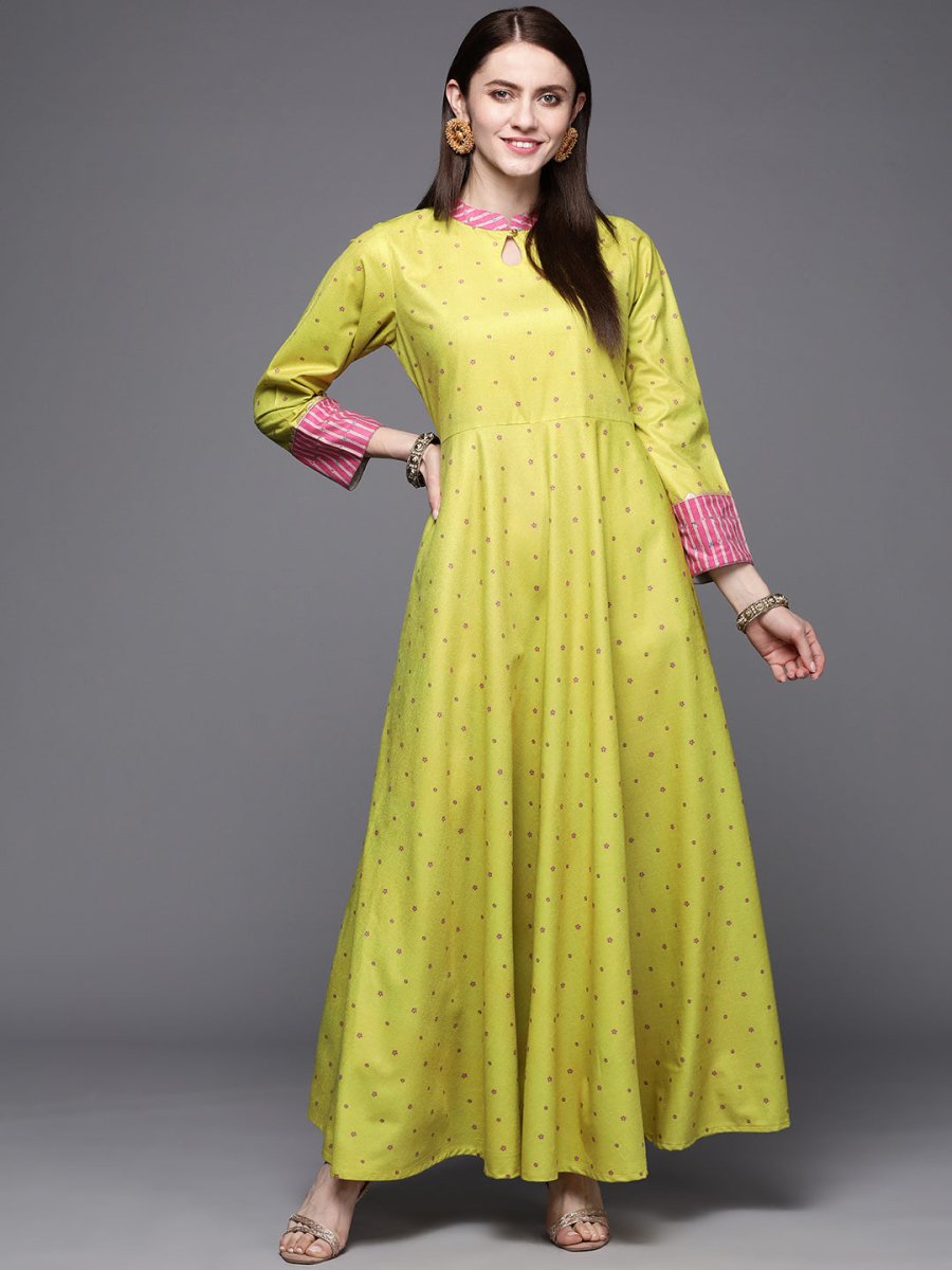 Ahalyaa Women Lime Yellow & Pink Printed Pleated A-Line Maxi Velvet Ethnic Dress | Swadesiicart
