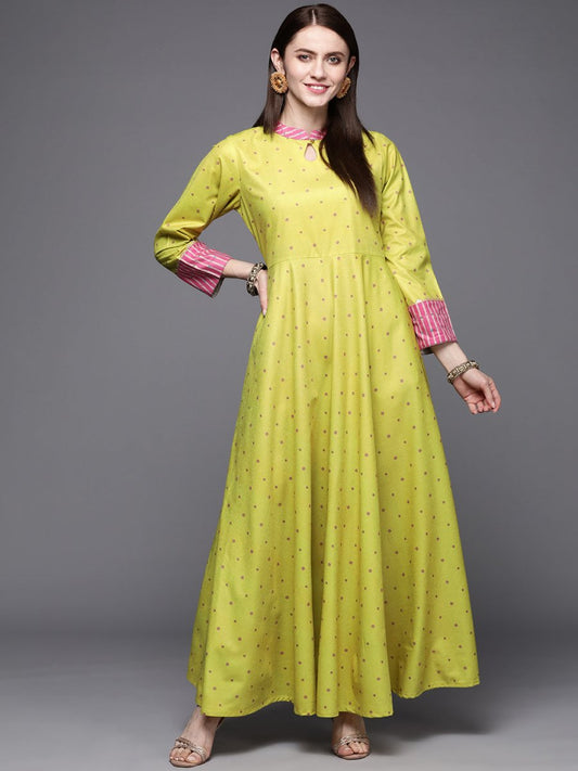 Ahalyaa Women Lime Yellow & Pink Printed Pleated A-Line Maxi Velvet Ethnic Dress | Swadesiicart