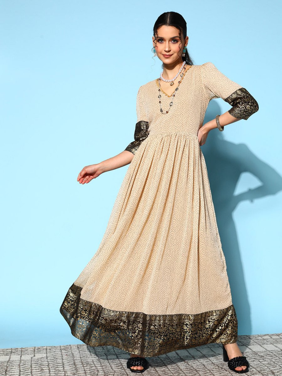 Ahalyaa Women Cream-coloured & Bronze Printed Gotta Patti Chiffon Ethnic Dress | Swadesiicart