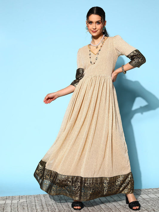 Ahalyaa Women Cream-coloured & Bronze Printed Gotta Patti Chiffon Ethnic Dress | Swadesiicart