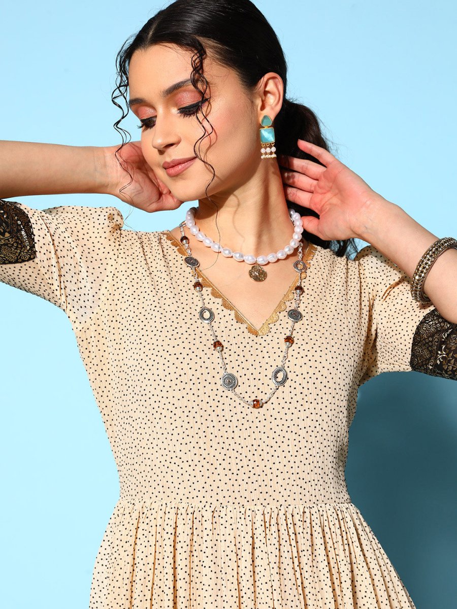 Ahalyaa Women Cream-coloured & Bronze Printed Gotta Patti Chiffon Ethnic Dress | Swadesiicart