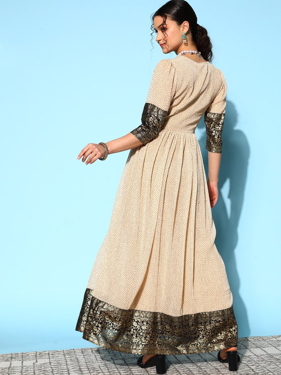 Ahalyaa Women Cream-coloured & Bronze Printed Gotta Patti Chiffon Ethnic Dress | Swadesiicart
