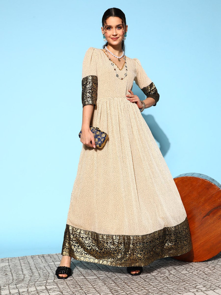Ahalyaa Women Cream-coloured & Bronze Printed Gotta Patti Chiffon Ethnic Dress | Swadesiicart