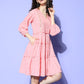Ahalyaa Pink & Beige Geometric Print Puff Sleeves Ethnic Dress | Swadesiicart