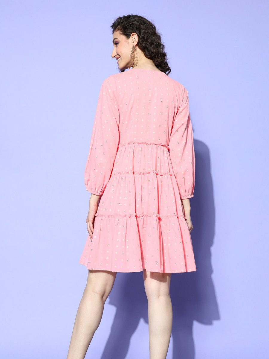 Ahalyaa Pink & Beige Geometric Print Puff Sleeves Ethnic Dress | Swadesiicart
