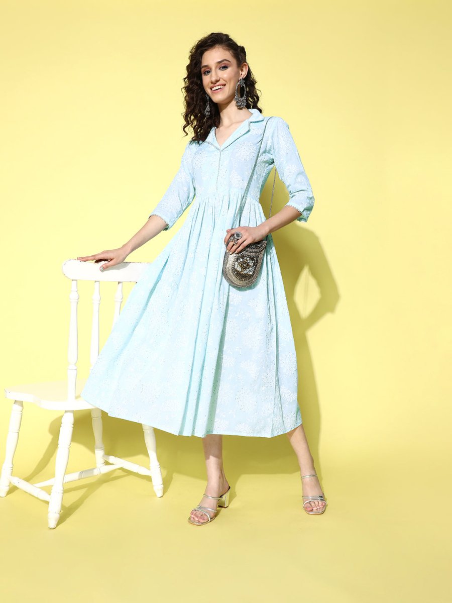 Ahalyaa Sea Green Floral Print Midi Ethnic Dress | Swadesiicart