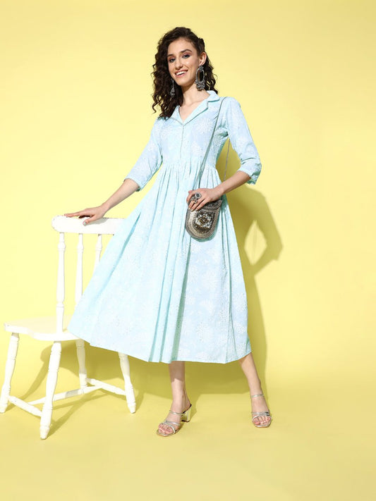 Ahalyaa Sea Green Floral Print Midi Ethnic Dress | Swadesiicart