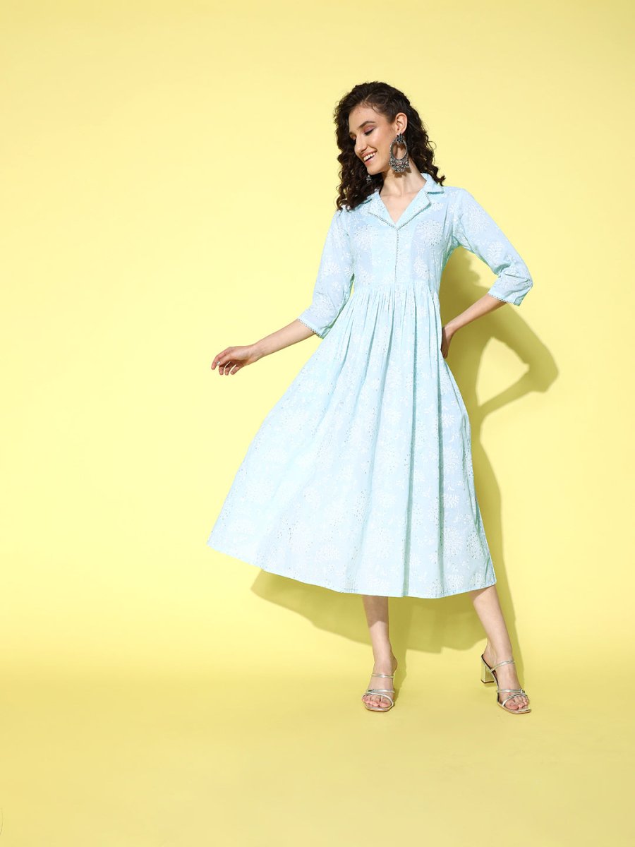 Ahalyaa Sea Green Floral Print Midi Ethnic Dress | Swadesiicart