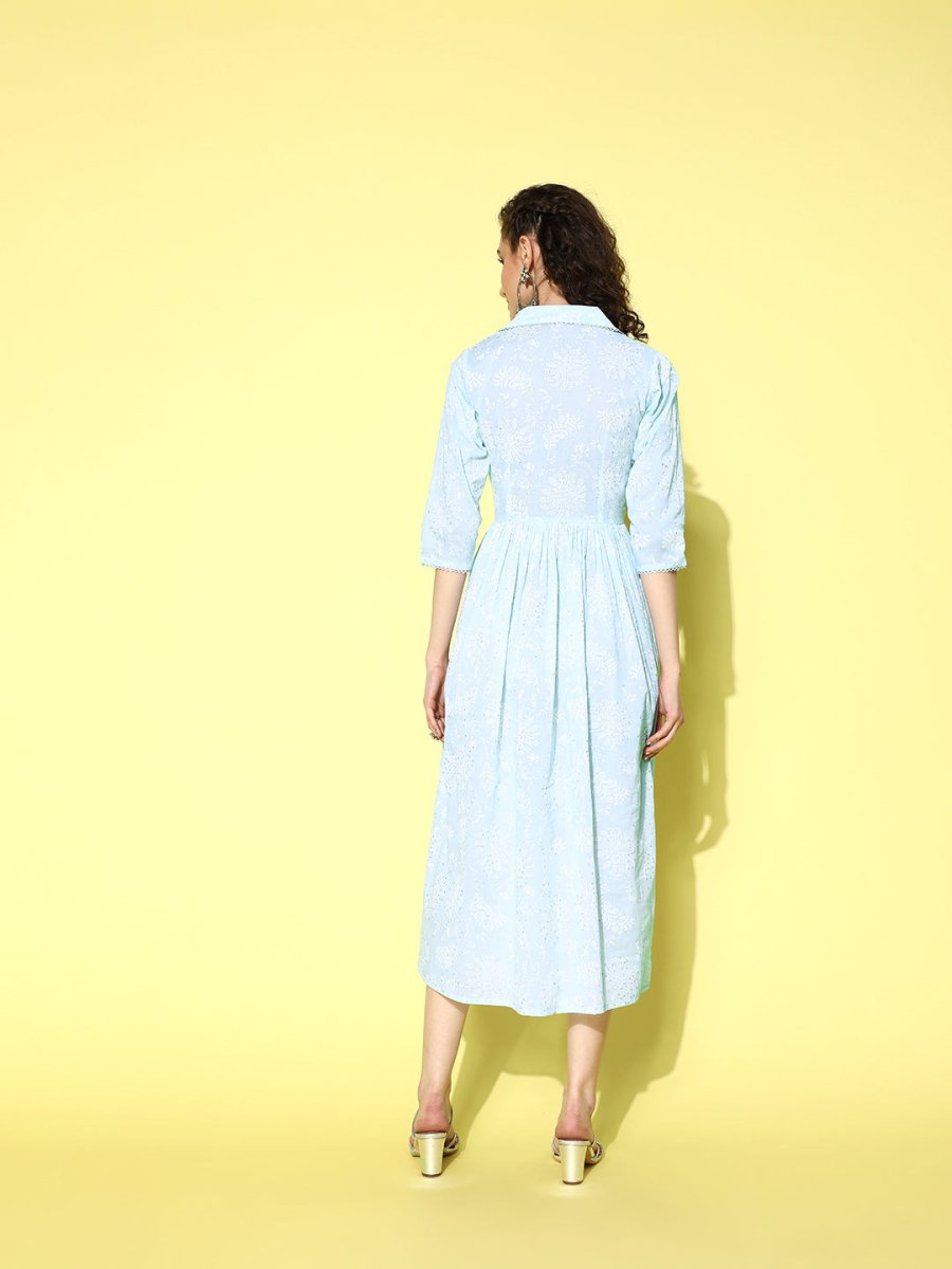 Ahalyaa Sea Green Floral Print Midi Ethnic Dress | Swadesiicart