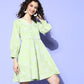 Ahalyaa Green & White Floral Print Puff Sleeves Ethnic Dress | Swadesiicart