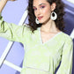 Ahalyaa Green & White Floral Print Puff Sleeves Ethnic Dress | Swadesiicart