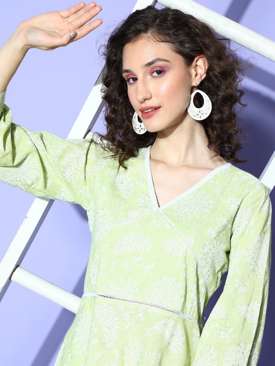 Ahalyaa Green & White Floral Print Puff Sleeves Ethnic Dress | Swadesiicart