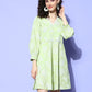Ahalyaa Green & White Floral Print Puff Sleeves Ethnic Dress | Swadesiicart