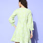 Ahalyaa Green & White Floral Print Puff Sleeves Ethnic Dress | Swadesiicart