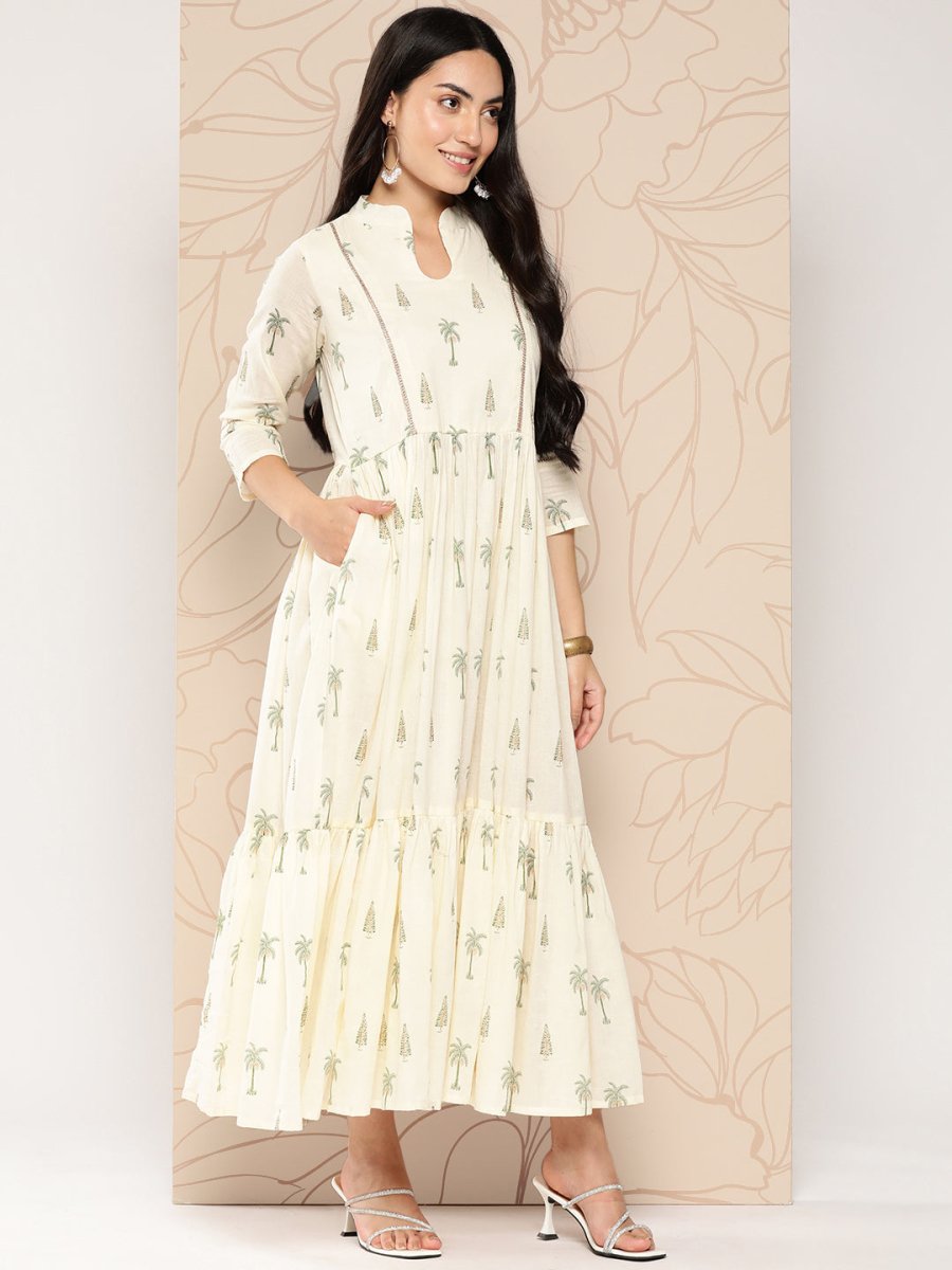 Ahalyaa Tropical Printed Gathered Empire Ethnic Dress | Swadesiicart