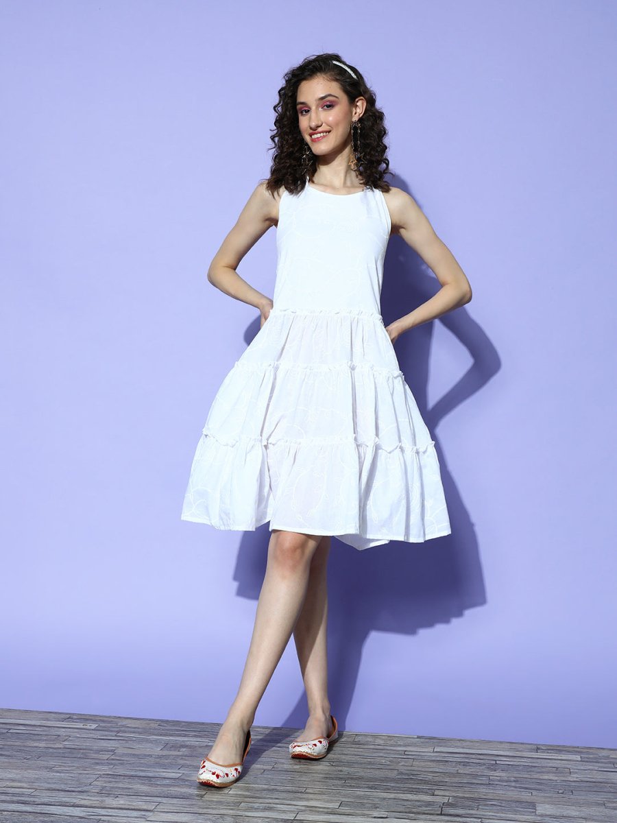 Ahalyaa White Floral Printed Halter Neck Tiered Ethnic Dress | Swadesiicart