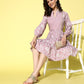 Ahalyaa Mauve & White Floral Print Puff Sleeves Ethnic Dress | Swadesiicart